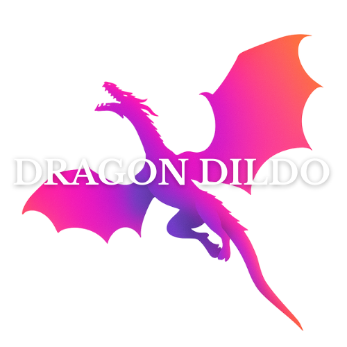 Colorful dragon silhouette with bat wings and the text 'DRAGON DILDO®', ideal for fantasy-themed adult products.